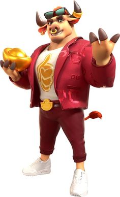 a cartoon character with horns and glasses holding a golden object in one hand while wearing a red suit