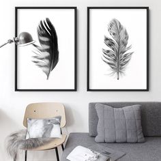 two black and white pictures hanging on the wall next to a gray couch in a living room