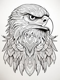 an eagle's head with intricate patterns and feathers on its face, drawn in black ink