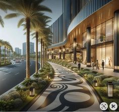 an artist's rendering of the outside of a building with palm trees and people walking around