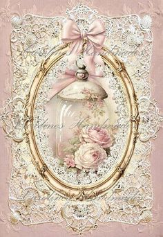 an ornate frame with pink roses and a bell on it is hanging from the wall