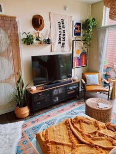 a living room filled with furniture and a flat screen tv on top of a wooden stand