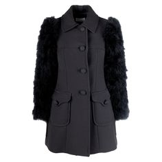 Expertly crafted from a luxurious wool blend, the Red Valentino Wool Coat exudes sophistication with its tailored fit and elegant fabric covered buttons. The standout feature of this coat are the unique turkey feather sleeves, adding a touch of whimsy to the classic design. Part of the Pre-Fall 2015 collection, this coat also boasts pleats and front pockets with fabric covered buttons, making it both stylish and functional. Complete with a smooth polyester and acetate blend lining, this coat is Luxury Black Wool Coat With Button Closure, Luxury Wool Coat With Button Cuffs For Formal Occasions, Modern Outerwear With Hidden Button Closure For Evening, Modern Evening Outerwear With Hidden Button Closure, Evening Wool Outerwear With Buttons, Wool Evening Outerwear With Buttons, Luxury Wool Coat With Button Closure For Office, Luxury Winter Blazer With Horn Royal Black Buttons, Luxury Wool Office Coat With Button Closure