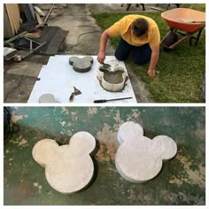 the process of making mickey mouse pot holders is shown here in three different pictures, one being made from concrete and the other being cast iron