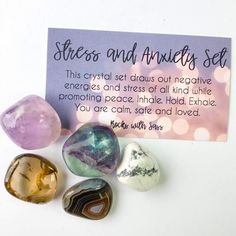 Crystal sizes: approximately 1" Includes the following crystals, corresponding meaning cards, and drawstring bag: 1 Howlite tumbled stone 1 Amethyst tumbled stone 1 Smoky Quartz tumbled stone 1 Botswana Agate tumbled stone 1 tumbled Fluorite stone Note: You will not receive the exact stones pictured, but stones of the same quality and similar appearance. Amethyst — Assists with bad habits. Did you ever consider your stress levels were a subtle response from your body to stop doing something spec Gift Of Discernment, Outdoor Meditation, Earth Healing, Amethyst Tumbled, Fluorite Stone, Stone Pictures, Doing Something