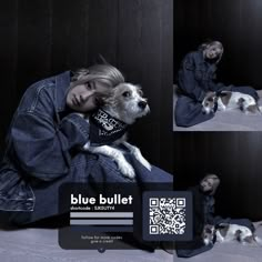 a man holding a dog in his lap while sitting on a bed with a qr code