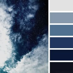 the sky is filled with stars and clouds in shades of blue, gray, and white