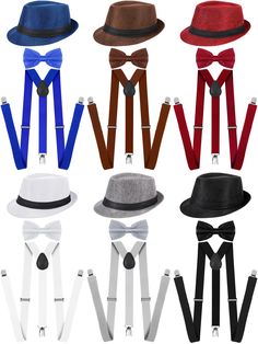 PRICES MAY VARY. What You Get: the package includes 6 pieces of 1920s hats for men in black, navy, dark gray, coffee, white and red, 1 piece for each color, and 6 pieces of men suspenders, 6 pieces of men bow ties in different colors, black, blue, light gray and light coffee, white and burgundy; This is a nice gentlemans set, also suitable for unisex, and the quantity is so sufficient for you to use and replace in daily life Quality Material: the tea party bowler hats are made of cotton and line Roaring 20s Accessories, Old Hollywood Theme, 1920s Hats, 1920s Accessories, Suspenders For Men, Tie And Suspenders, Red Suspenders, Hollywood Theme, Suspenders Men