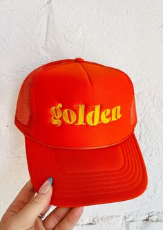 Golden Trucker Hat Trendy Trucker Hats, Hats 2023, Sneaker Heels Wedges, Blazers Shoes, Pink Trucker Hat, Stay Golden, Denim Sweater, Sweater Crop, Sweater Gift