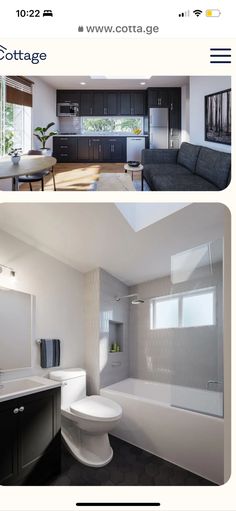 two pictures show the same bathroom and living room as well as an open floor plan