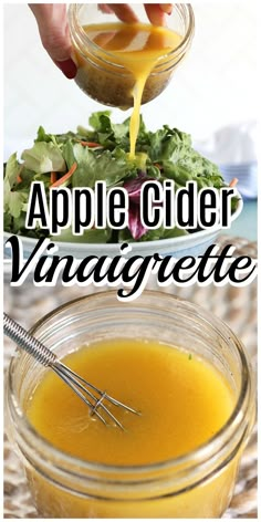 an apple cider vinaigrete is being poured into a glass jar