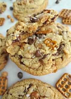 chocolate chip cookies with pretzels and salted caramel on the top one