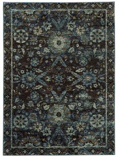 a brown and blue rug with an ornate design