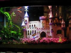 an aquarium filled with lots of different types of plants and animals in front of a castle