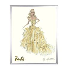 a drawing of a woman in a yellow dress with the word barbie written on it