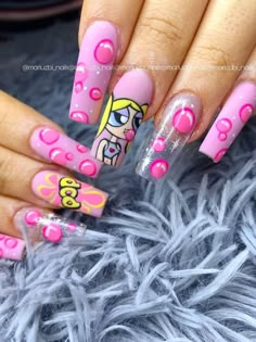 Beginner Character Nail Art, Cartoon Press On Nails, Mystery Machine Nails, Lisa Simpson Nails, Easy Character Nail Art, Character Art Nails, Character Nail Designs, Cartoon Art Nails, Pink Coffin Nail Ideas