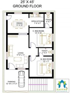 the ground plan for a house with 3 bedroom and 2 bathrooms in each floor area