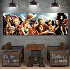 an image of anime characters hanging on the wall in a room with two chairs and a table