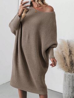 Women's Asymmetrical Collar Batwing Sleeve Long Brown Sweater Dress, Autumn/Winter Mocha Brown Casual  Long Sleeve Fabric Plain  Slight Stretch Fall/Winter Women Clothing, size features are:Bust: ,Length: ,Sleeve Length: Long Brown Sweater, Brown Sweater Dress, Asymmetrical Collar, Sleeveless Knit Top, White Witch, Long Sweater Dress, Dress Autumn, Cute Winter Outfits, Mocha Brown