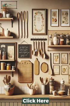 there are many kitchen utensils hanging on the wall