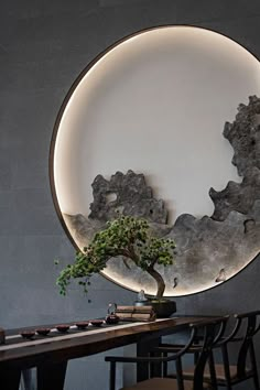 a bonsai tree in front of a circular mirror on the wall above a table