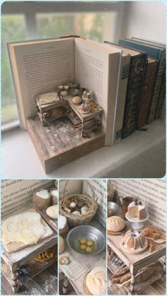 an open book sitting on top of a table next to some bread and pastries