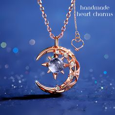 Beautiful Moon Necklaces are back and now come in a new size, making them even more versatile and wearable. The necklaces are made of copper but look like rose gold, giving them an elegant and luxurious look. Each movement gives your moon necklace a different look because of the way the light reflects the crystal. Package-Necklace is placed on a card and slipped into a plastic pouch. Gorgeous Moon Necklace, is a stunning piece of jewelry that will add a touch of celestial charm to any outfit. Th Luxury Moon Shaped Jewelry Gift, Luxury Moon-shaped Polished Jewelry, Luxury Celestial Large Pendant Jewelry, Luxury Moon-shaped Women's Necklaces, Luxury Celestial Jewelry With Large Pendant, Luxury Celestial Moon Jewelry, Luxury Moon Shaped Women's Necklace, Luxury Whimsical Jewelry For Gifts, Luxury Polished Moon Shaped Jewelry