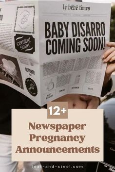 a person reading a newspaper with the words baby disarro coming soon