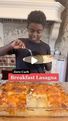 a woman is cutting into a casserole in the kitchen with a knife and fork