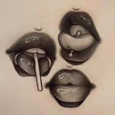 pencil drawing of lips and mouth shapes with an object sticking out of the middle one