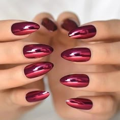 24pcs Burgundy Metallic False Nail Coffin Press on Nails for Nail Art Nails Metallic, Red Chrome Nails, Medium Almond, Nail Type, Coffin Press On Nails, Burgundy Nails, Almond Acrylic Nails, Metallic Nails, Nail Length