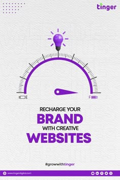 a white and purple poster with the words, recharge your brand with creative website