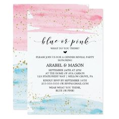 a pink and blue watercolor wedding card with gold glitters on the edges, which reads blue & pink what do you think?