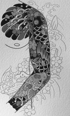 an ink drawing of a koi fish with flowers on it's back side