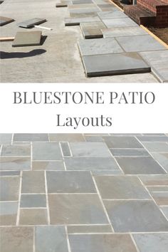 blue stone patio layout with text overlay that reads bluestone patio layouts in black and white