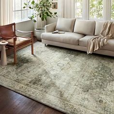 a living room with a couch, chair and rug on the floor in front of two windows