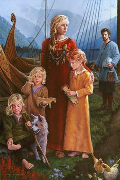 a painting of three children and a dog in front of a boat with two men