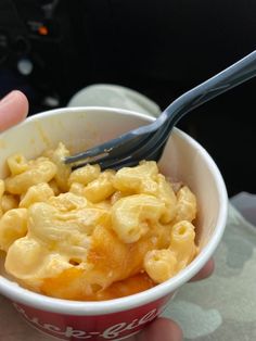 a person holding a fork in a bowl of macaroni and cheese