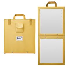 a yellow bag and mirror are next to each other