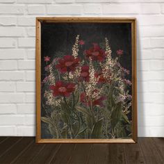 a painting on a wall with red and white flowers