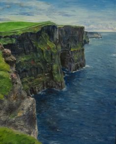 an oil painting of cliffs on the ocean with green grass and blue water in the foreground