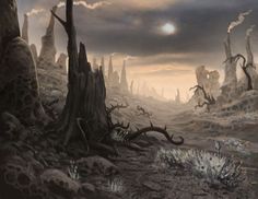 an alien landscape with dead trees and plants