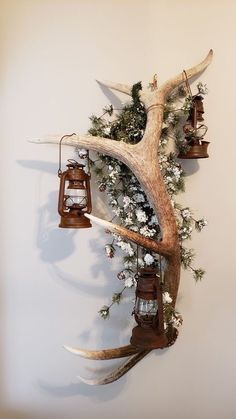 deer antler mounted on the wall with lanterns