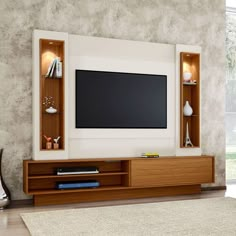 a living room with a television on the wall and some shelves in front of it