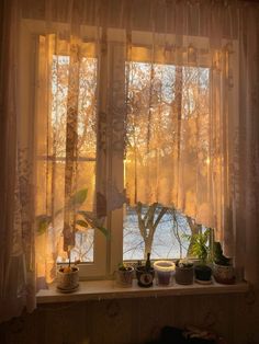 a window with sheer curtains and potted plants in front of the window sill