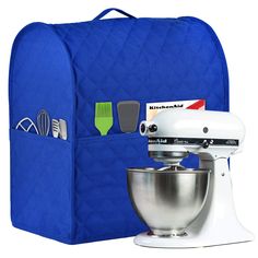 a blue kitchen bag with a mixer and utensils in it