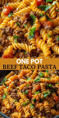 one pot beef taco pasta in a skillet with the words, one pot beef taco pasta