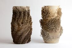 two vases made out of branches on a white background