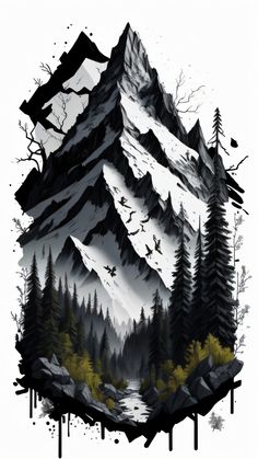 a mountain with trees and birds flying over it in front of the snow covered mountains