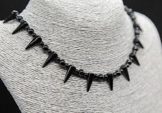 Onyx 6mm and 4mm beaded necklace with spike detailing, spikes measure 17mm. Make a statement with this bold and unique necklace. Necklace shown measures 41cm (16 inches) in length with 5cm extender chain.  If you require a different size I am more than happy to make to your size, there is no extra Black Panthera, Black Panther Necklace, Mens Beaded Necklaces, Spike Necklace, Chains Necklaces, Onyx Bead, Unique Necklace, Necklace Choker, Beaded Necklaces